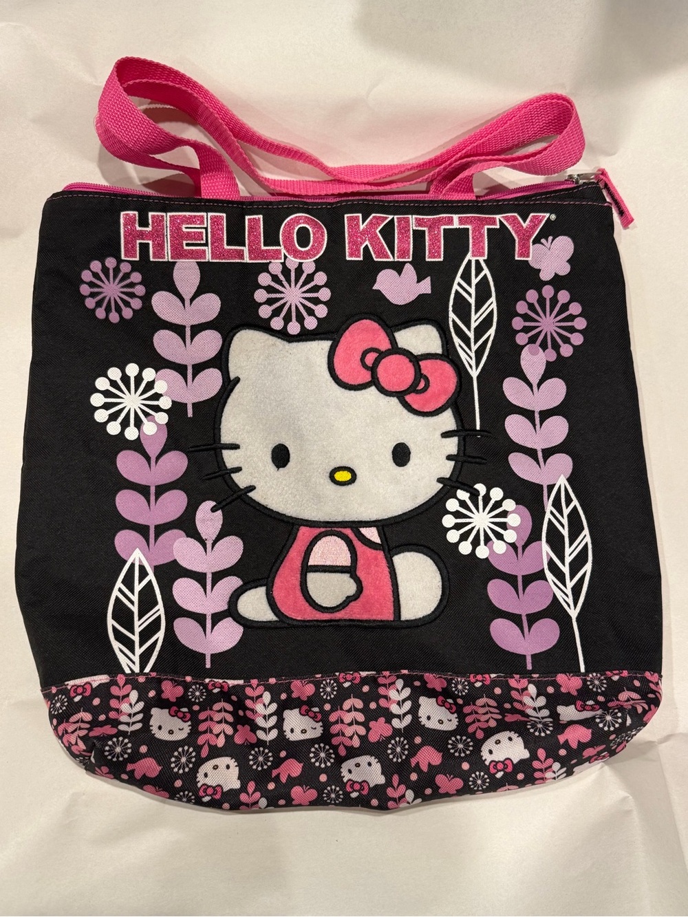 Hello Kitty Sanrio Tote Bag Messenger Purse Black‎ Pink Purple Flowers Medium
